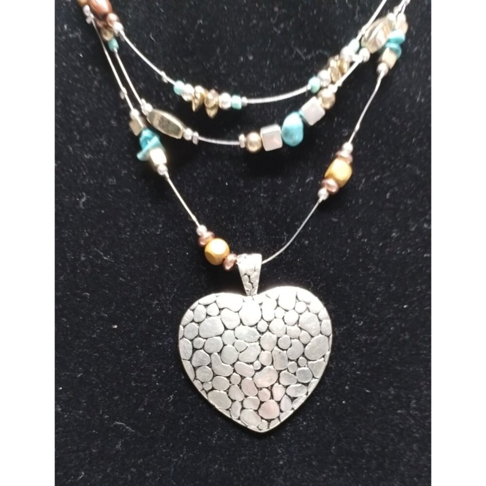 Heart‎ Pendant Necklace Silver Tone Beaded Multi Strand Fashion Jewelry